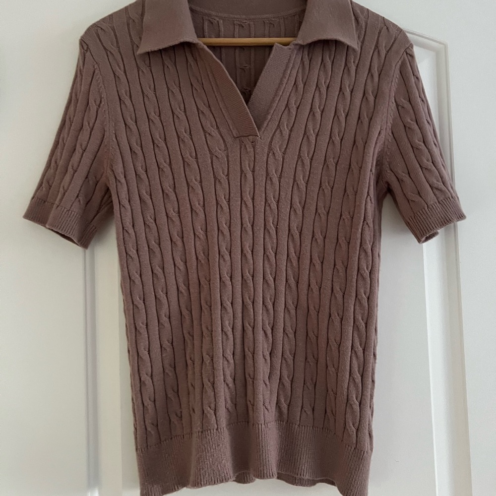 Cable Knit Short Sleeve Sweater - Brown